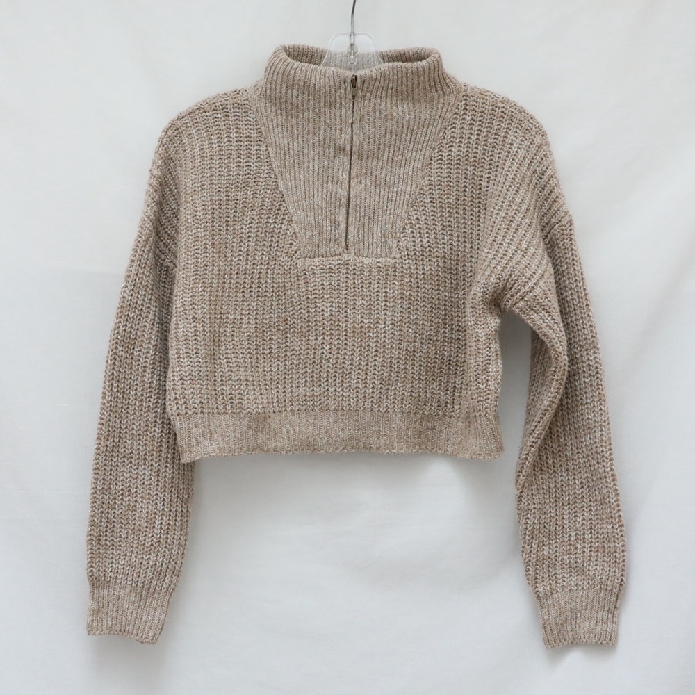 Half Zip Cropped Mock-Neck Sweater boxy oversized loose fit knit top coffee M